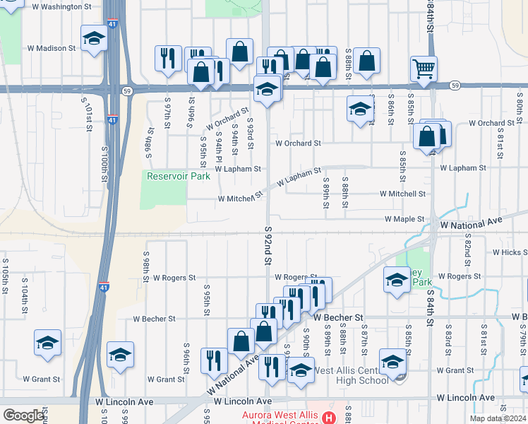 map of restaurants, bars, coffee shops, grocery stores, and more near 1739 South 92nd Street in West Allis