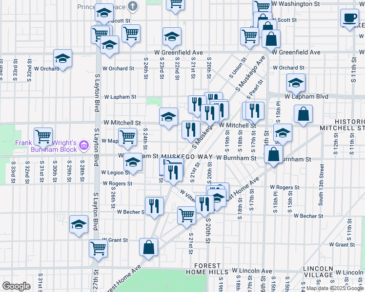 map of restaurants, bars, coffee shops, grocery stores, and more near 2135 West Maple Street in Milwaukee