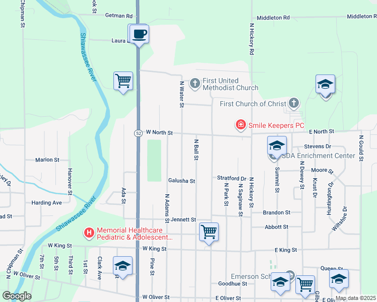 map of restaurants, bars, coffee shops, grocery stores, and more near 1320 North Water Street in Owosso
