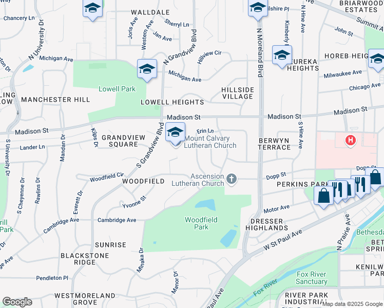 map of restaurants, bars, coffee shops, grocery stores, and more near 1745 Erin Lane in Waukesha