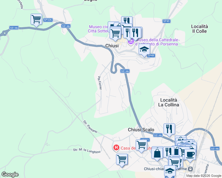 map of restaurants, bars, coffee shops, grocery stores, and more near 25 Via Fratelli Rosselli in Chiusi