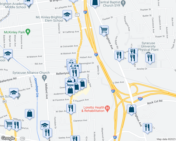 map of restaurants, bars, coffee shops, grocery stores, and more near 285 Churchill Avenue in Syracuse