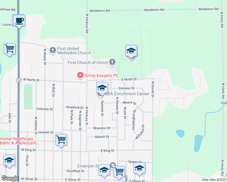 map of restaurants, bars, coffee shops, grocery stores, and more near 1209 North Dewey Street in Owosso