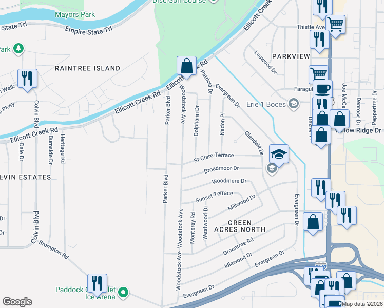 map of restaurants, bars, coffee shops, grocery stores, and more near 14 Dolphann Drive in Tonawanda