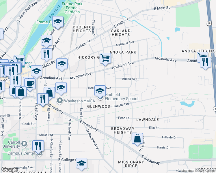 map of restaurants, bars, coffee shops, grocery stores, and more near 820 Beechwood Avenue in Waukesha