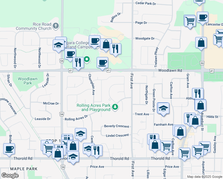 map of restaurants, bars, coffee shops, grocery stores, and more near 47 Sherwood Forest Trail in Welland