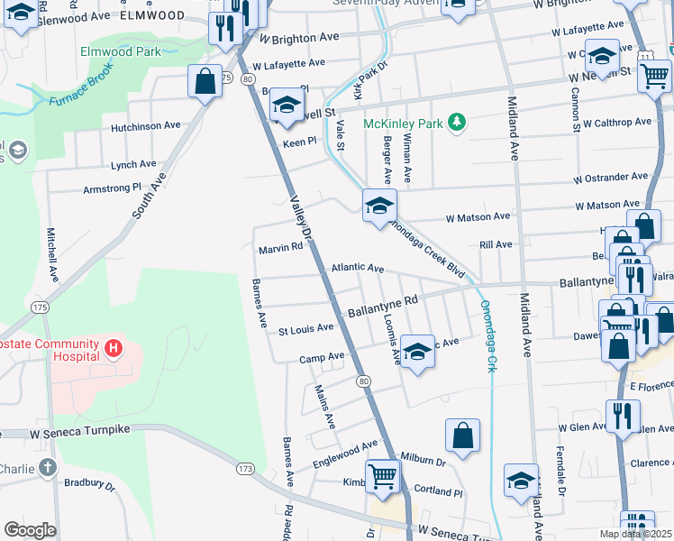 map of restaurants, bars, coffee shops, grocery stores, and more near 621 Atlantic Avenue in Syracuse