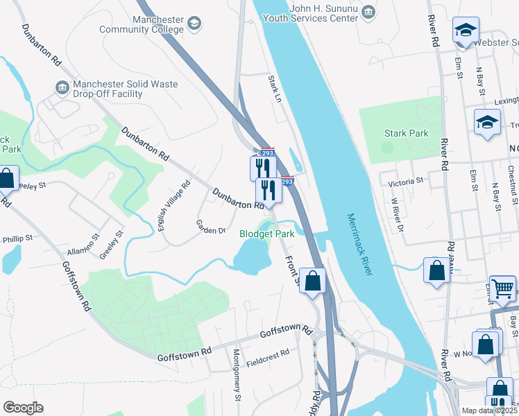map of restaurants, bars, coffee shops, grocery stores, and more near 554 Front Street in Manchester