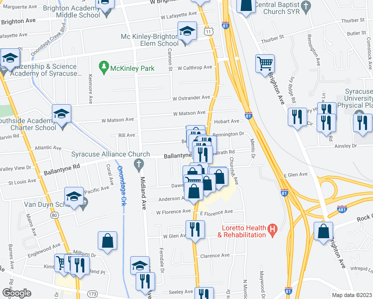 map of restaurants, bars, coffee shops, grocery stores, and more near 129 Belle Avenue in Syracuse