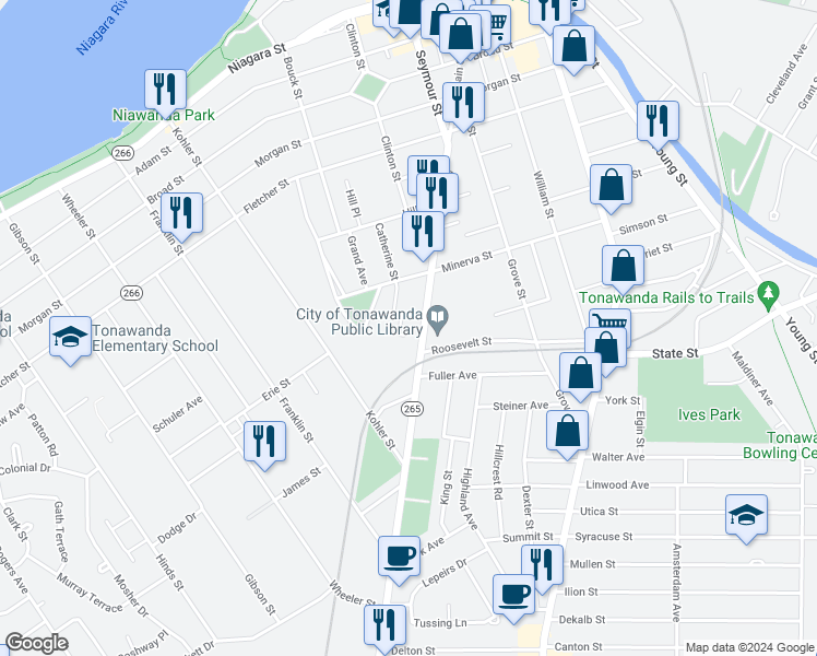 map of restaurants, bars, coffee shops, grocery stores, and more near 296 Main Street in Tonawanda