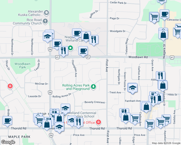 map of restaurants, bars, coffee shops, grocery stores, and more near 47 Sherwood Forest Trail in Welland