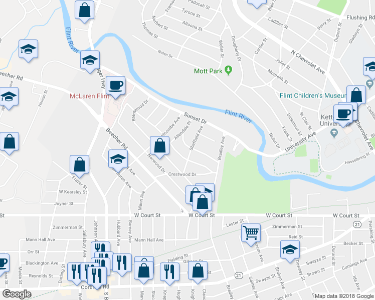 map of restaurants, bars, coffee shops, grocery stores, and more near 3322 Sherwood Drive in Flint
