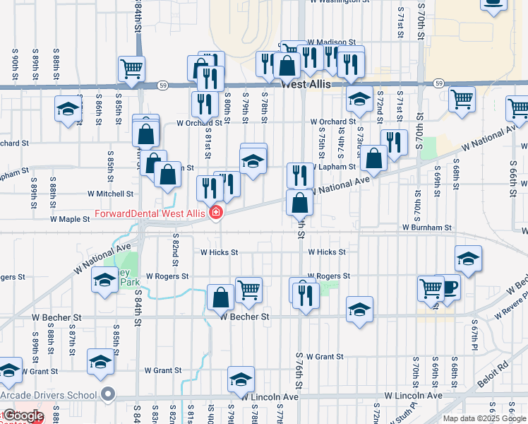 map of restaurants, bars, coffee shops, grocery stores, and more near 7801 West National Avenue in West Allis