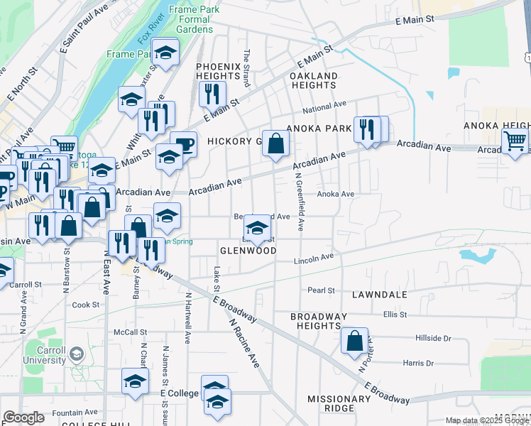 map of restaurants, bars, coffee shops, grocery stores, and more near 820 Beechwood Avenue in Waukesha