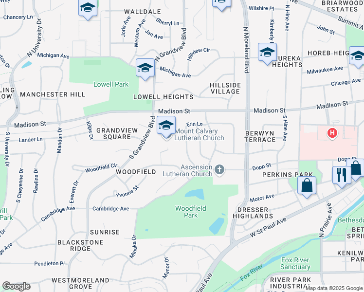 map of restaurants, bars, coffee shops, grocery stores, and more near 1745 Erin Lane in Waukesha
