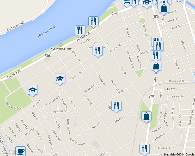 map of restaurants, bars, coffee shops, grocery stores, and more near 58 Klinger Avenue in Tonawanda
