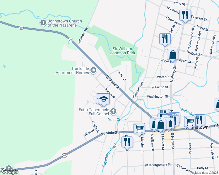 map of restaurants, bars, coffee shops, grocery stores, and more near 104 Pearl Street in Johnstown