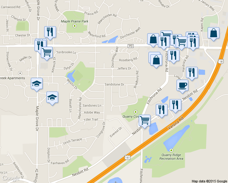 map of restaurants, bars, coffee shops, grocery stores, and more near 3413 Dorchester Way in Madison