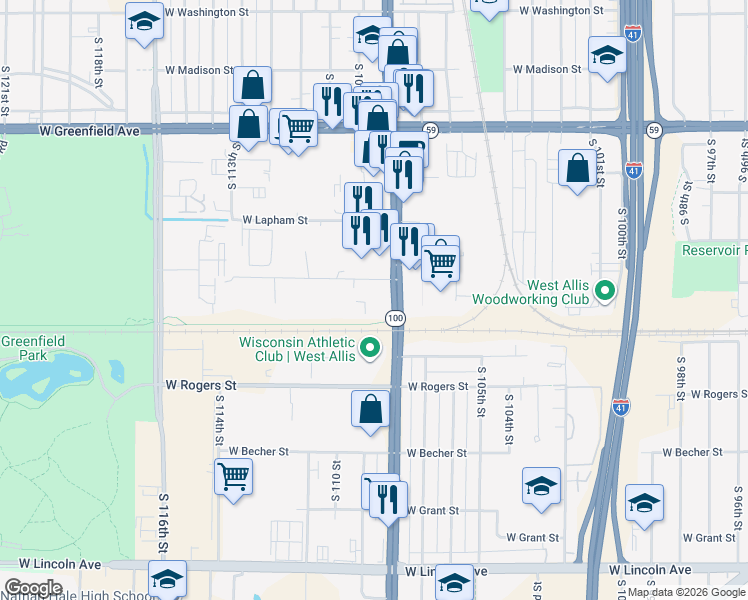 map of restaurants, bars, coffee shops, grocery stores, and more near 1729 South 108th Street in West Allis