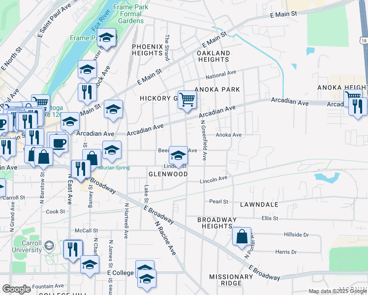 map of restaurants, bars, coffee shops, grocery stores, and more near 820 Beechwood Avenue in Waukesha