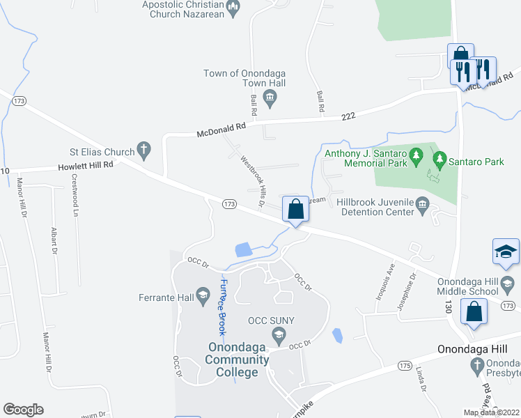 map of restaurants, bars, coffee shops, grocery stores, and more near 313 Westbrook Hills Drive in Syracuse