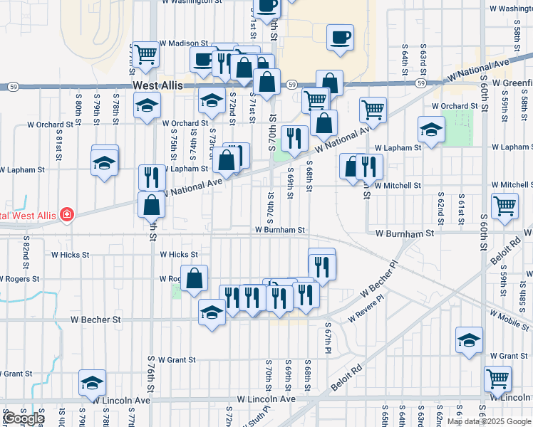 map of restaurants, bars, coffee shops, grocery stores, and more near 1753 South 70th Street in West Allis