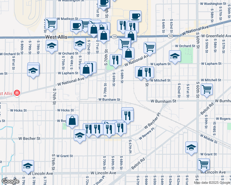 map of restaurants, bars, coffee shops, grocery stores, and more near 1752 South 69th Street in West Allis