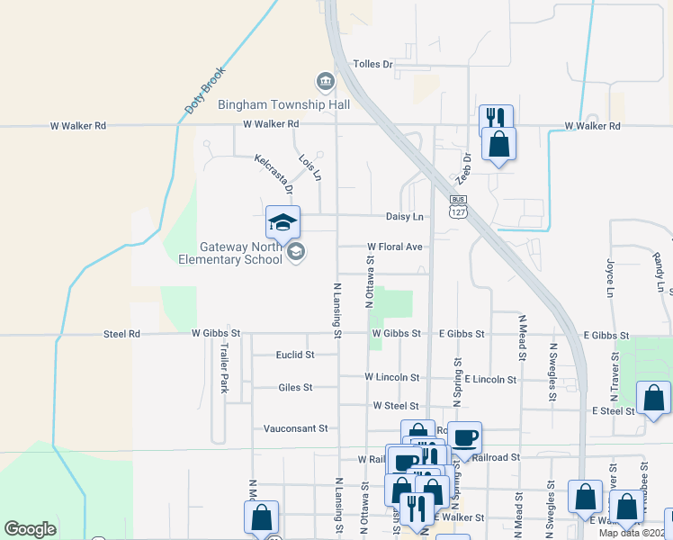 map of restaurants, bars, coffee shops, grocery stores, and more near 915 North Lansing Street in Saint Johns