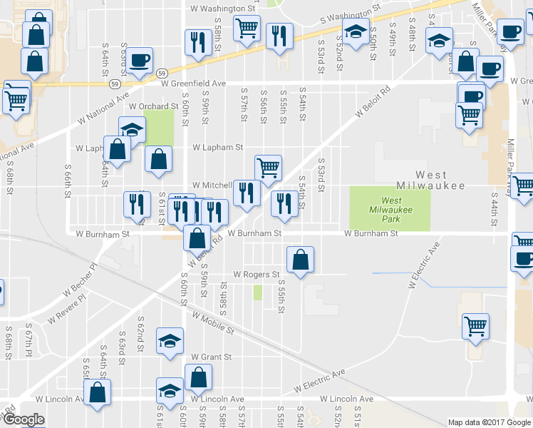 map of restaurants, bars, coffee shops, grocery stores, and more near 1756 South 56th Street in West Allis