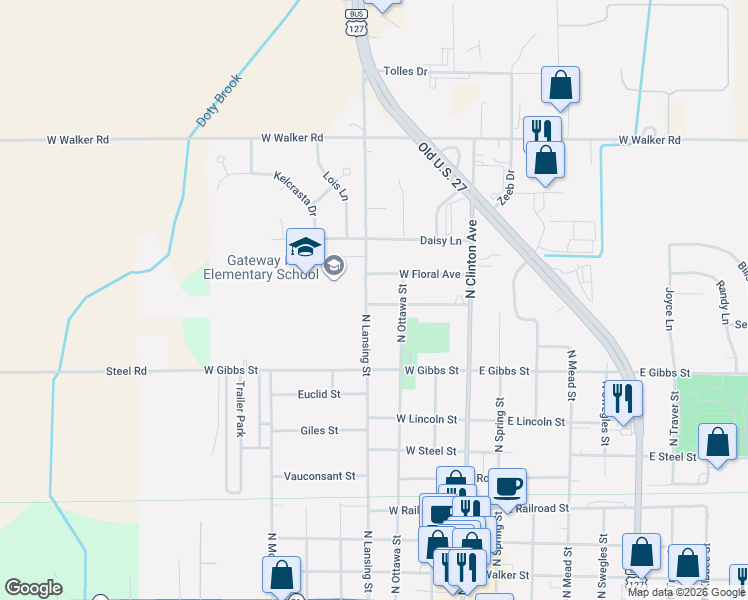 map of restaurants, bars, coffee shops, grocery stores, and more near 212 West Lewis Street in Saint Johns