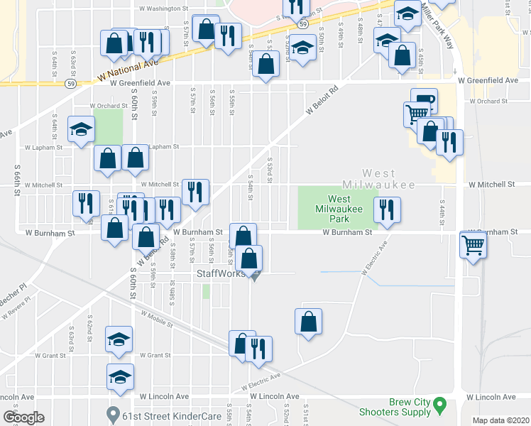 map of restaurants, bars, coffee shops, grocery stores, and more near 1807 South 53rd Street in West Milwaukee