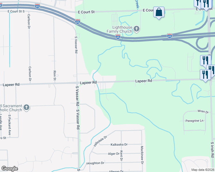 map of restaurants, bars, coffee shops, grocery stores, and more near 7120 Lapeer Road in Davison