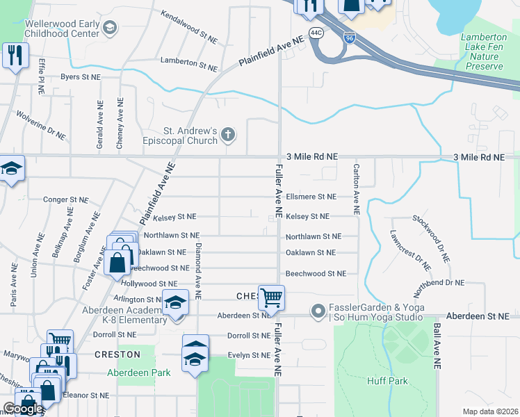 map of restaurants, bars, coffee shops, grocery stores, and more near 1135 Kelsey Street Northeast in Grand Rapids