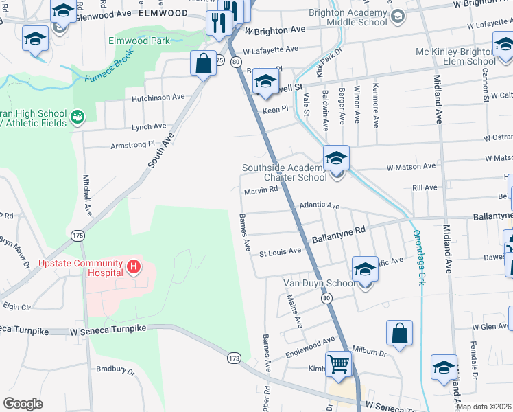 map of restaurants, bars, coffee shops, grocery stores, and more near 144 Wente Terrace in Syracuse