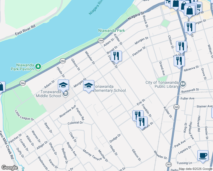 map of restaurants, bars, coffee shops, grocery stores, and more near 142 Wheeler Street in Tonawanda