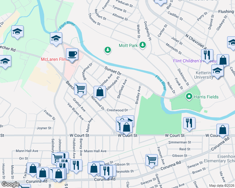 map of restaurants, bars, coffee shops, grocery stores, and more near 3322 Sherwood Drive in Flint