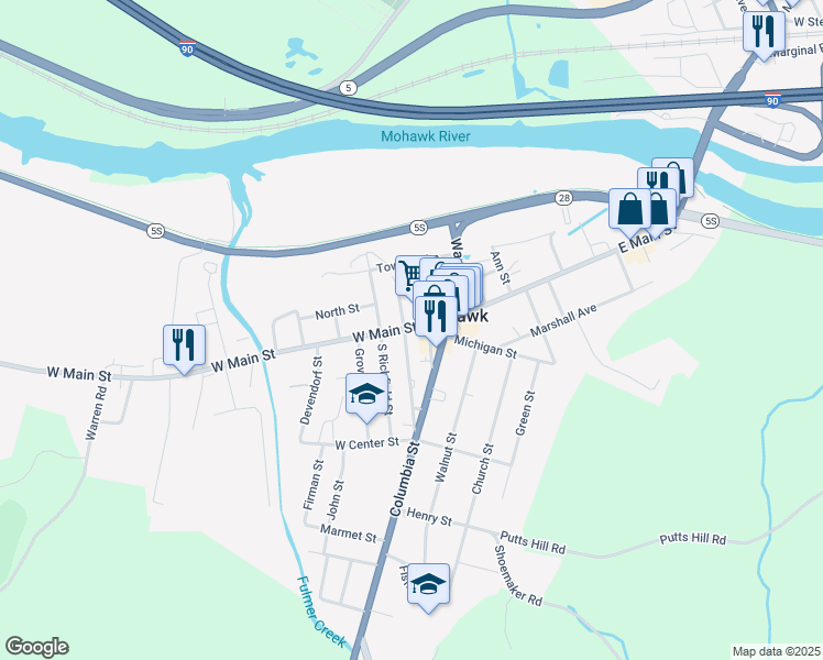 map of restaurants, bars, coffee shops, grocery stores, and more near 29 W Main St in Mohawk