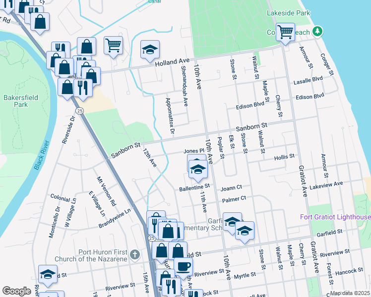 map of restaurants, bars, coffee shops, grocery stores, and more near 1423 Jones Place in Port Huron