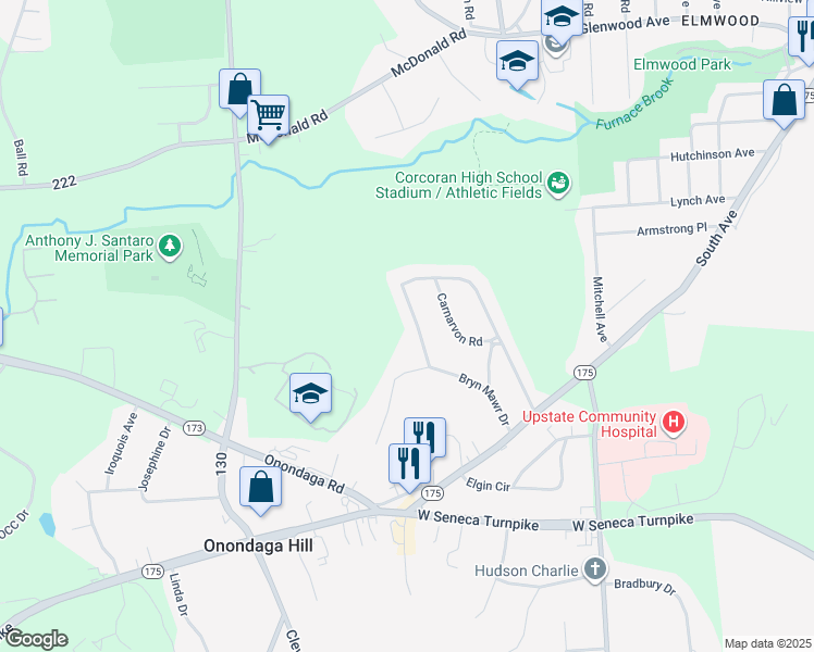 map of restaurants, bars, coffee shops, grocery stores, and more near 4973 Bryn Mawr Drive in Syracuse