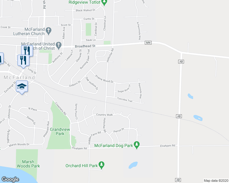 map of restaurants, bars, coffee shops, grocery stores, and more near Wiouwash Way in McFarland