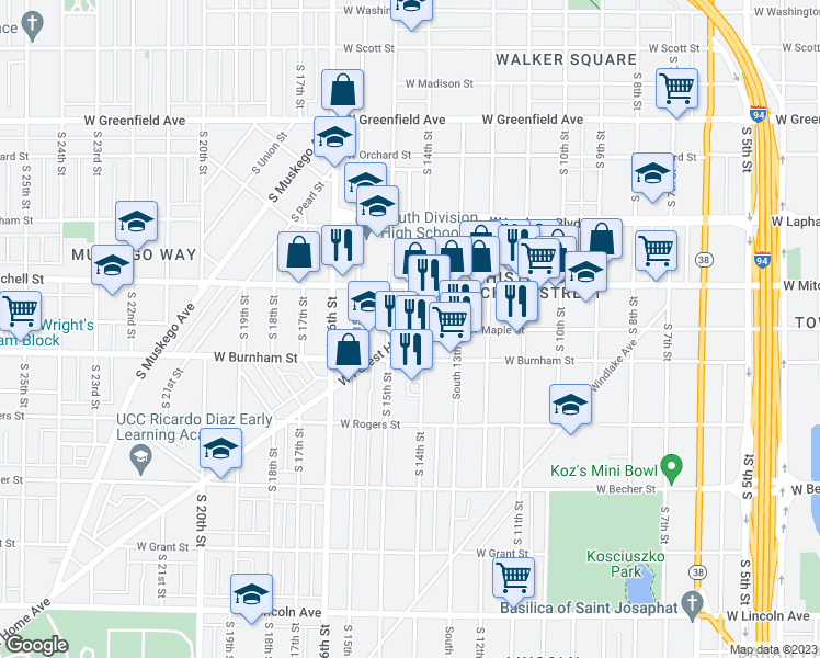 map of restaurants, bars, coffee shops, grocery stores, and more near 1416 West Forest Home Avenue in Milwaukee