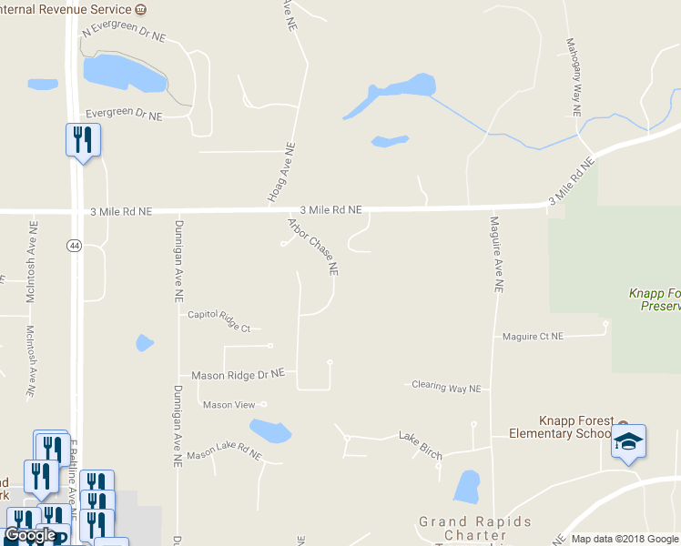 map of restaurants, bars, coffee shops, grocery stores, and more near 2670 Arbor Chase Northeast in Grand Rapids