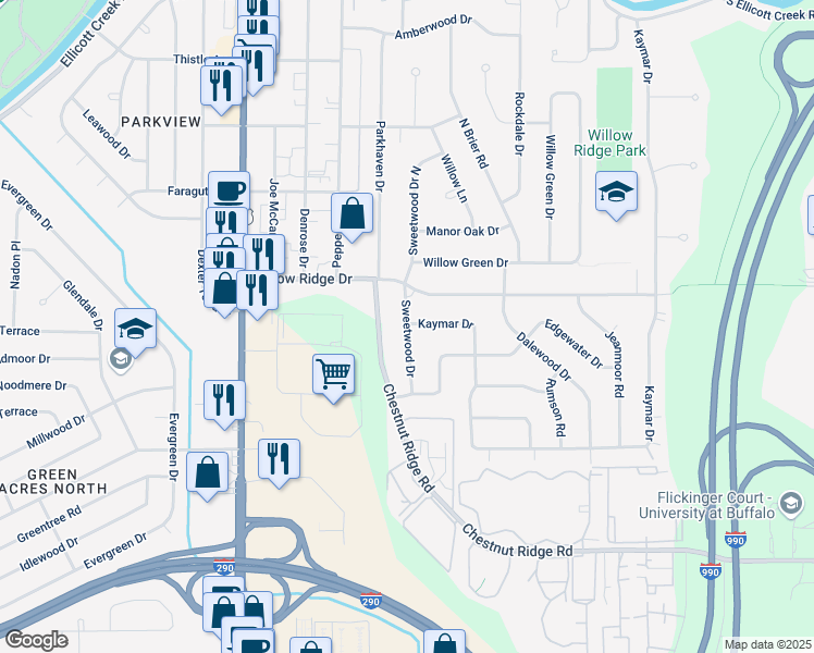 map of restaurants, bars, coffee shops, grocery stores, and more near 40 Sweetwood Drive in Buffalo