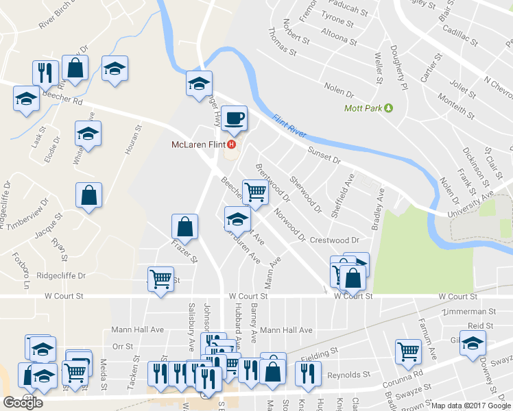 map of restaurants, bars, coffee shops, grocery stores, and more near 3620 Beecher Road in Flint
