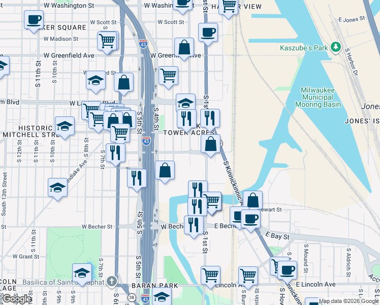 map of restaurants, bars, coffee shops, grocery stores, and more near S 2nd St & W Maple St in Milwaukee