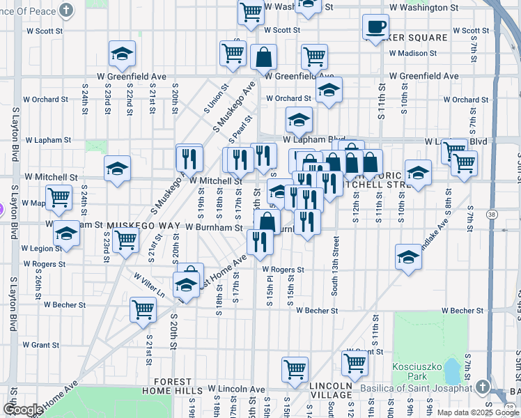 map of restaurants, bars, coffee shops, grocery stores, and more near 1800 South 16th Street in Milwaukee