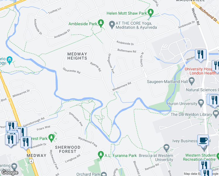 map of restaurants, bars, coffee shops, grocery stores, and more near 1500 Ryersie Road in London