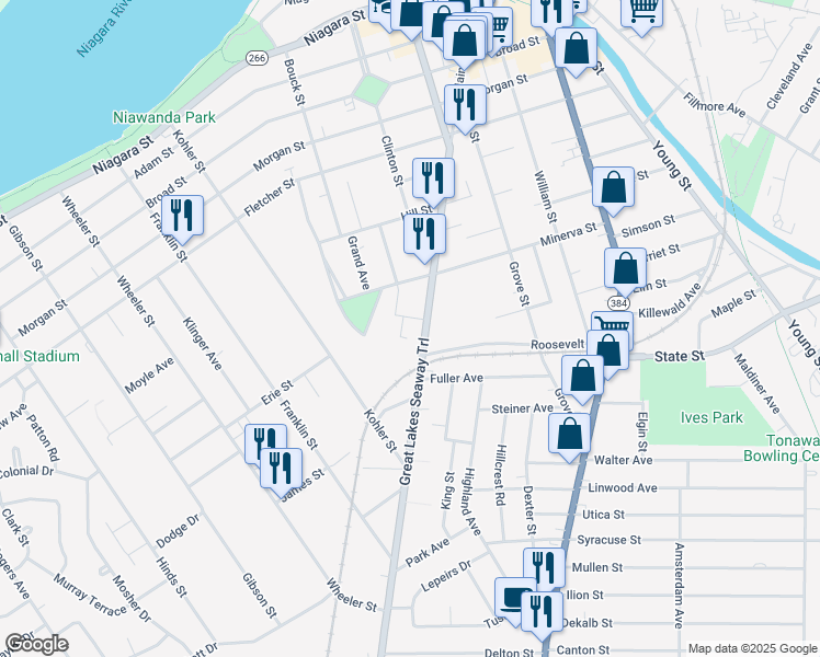map of restaurants, bars, coffee shops, grocery stores, and more near 296 Main Street in Tonawanda