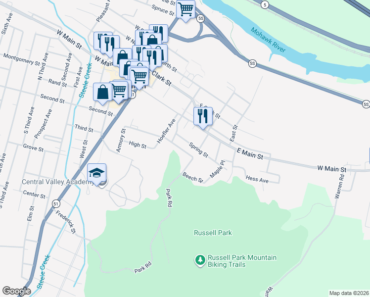 map of restaurants, bars, coffee shops, grocery stores, and more near 47 Highland Ave in Ilion