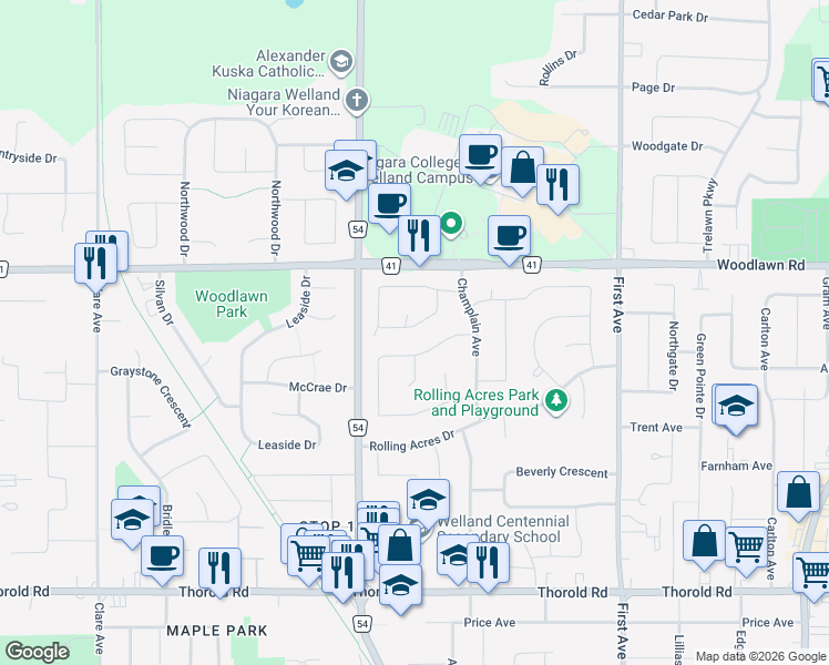 map of restaurants, bars, coffee shops, grocery stores, and more near 36 McGill Street in Welland